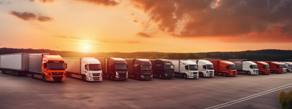 Fleet of semi-trucks lined up at sunset for freight transportation